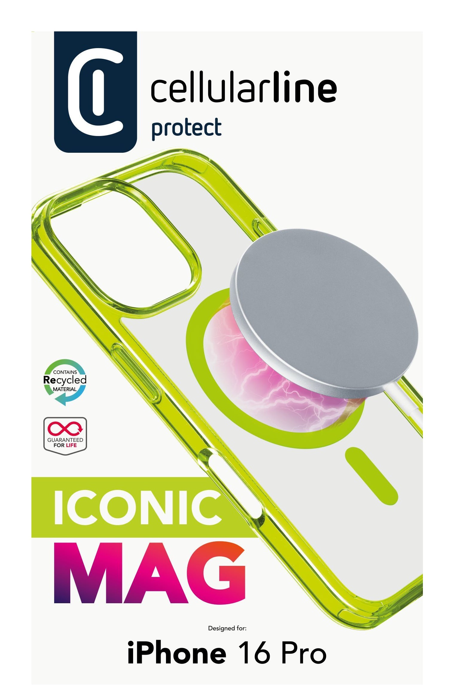 Cellularline Iconic Backcover – für Apple iPhone 16 Pro, MagSafe, Kunststoff, Limette