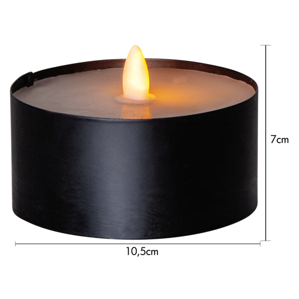 Star Trading LED-Teelicht Maxi – Ø 10 cm – Warmweiss – Batteriebetrieben – Timer 6/18 h, flackernd – Schwarz