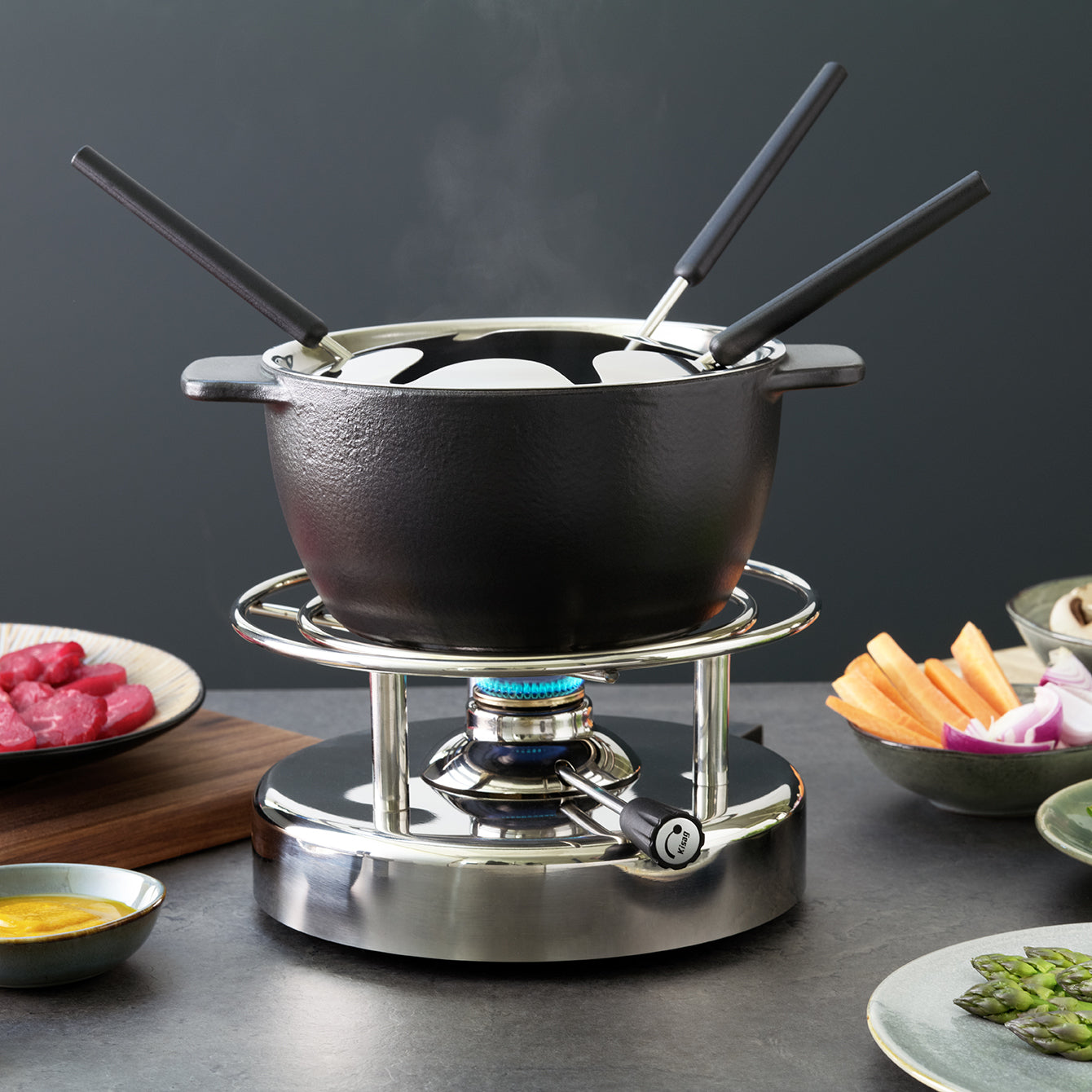 Kisag Caquelon Allround – Ø 18 cm, Gusseisen, Emaille, für Fondue Bourguignonne, Gas, Schwarz