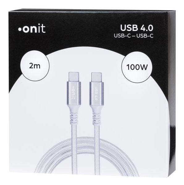 ONIT USB-C auf USB-C Kabel – USB4 20 Gbit/s – 2 m – PD 100 W – Textilmantel, magnetisch abgeschirmt – Weiss