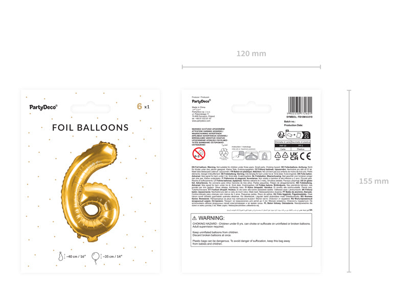 PartyDeco Folienballon Zahl 6 – Gold – 35 cm – Folie – 1 Stk