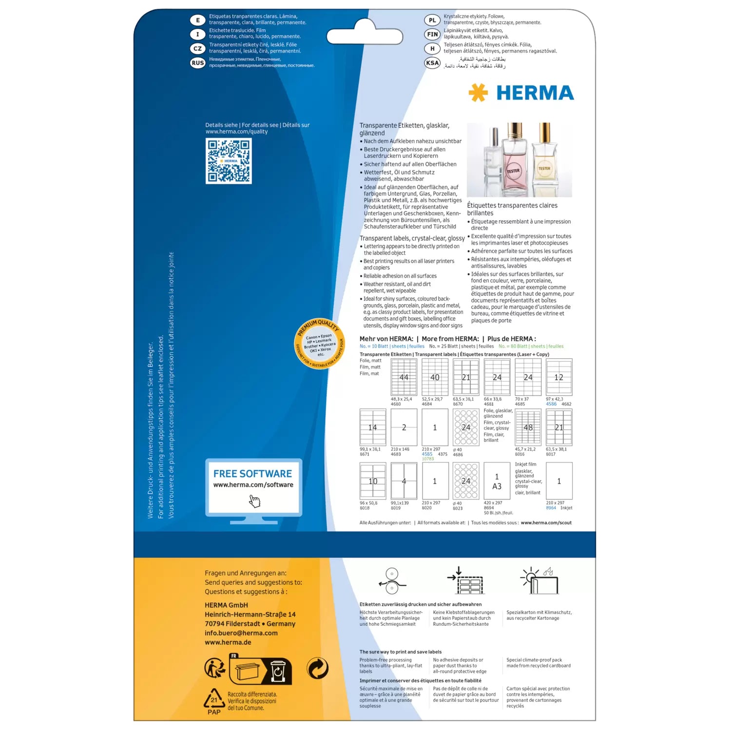 HERMA Druckeretiketten, Ø 40 mm (A4), transparent, Folie, permanent, 25 Blatt (600 Etiketten)