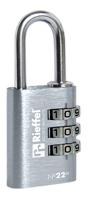 Rieffel Nr. 22 Kombinationsschloss – 3-stellig, Aluminium, Bügel H 21 mm, Ø3 mm, Silber, 12 Stk.