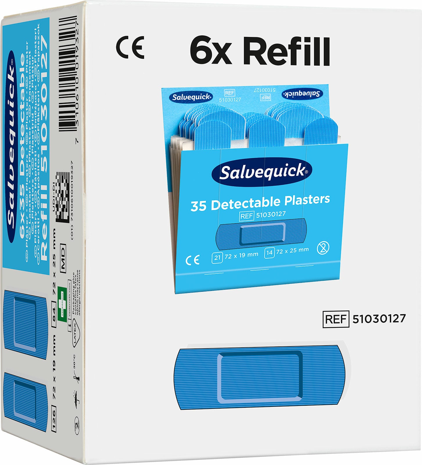 Cederroth Salvequick Pflaster-Nachfüllpackung – detektierbar – blau – sortiert – 6 × 35 Stk.