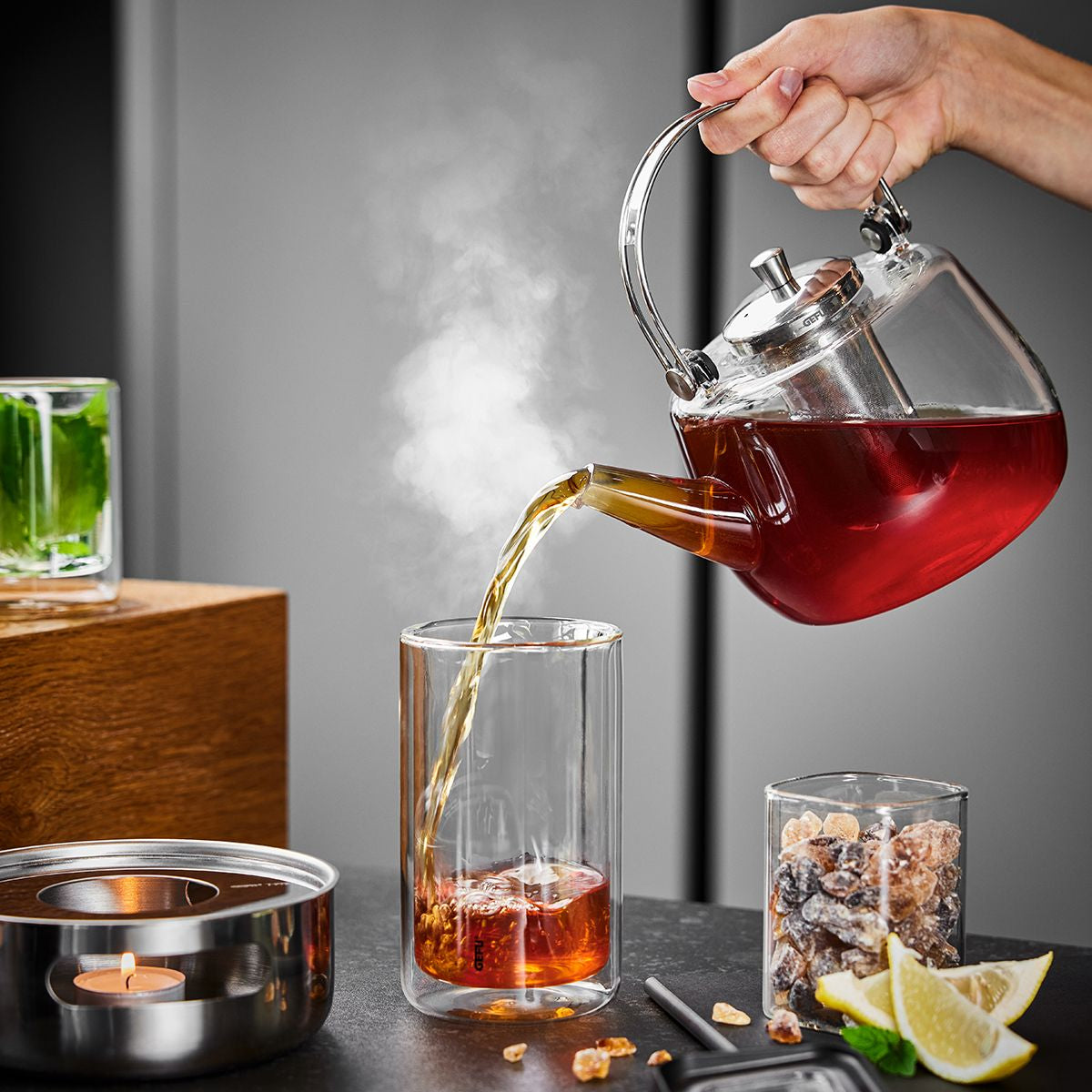 GEFU Teekanne – 1 l, Glas, Edelstahlfilter, spülmaschinenfest
