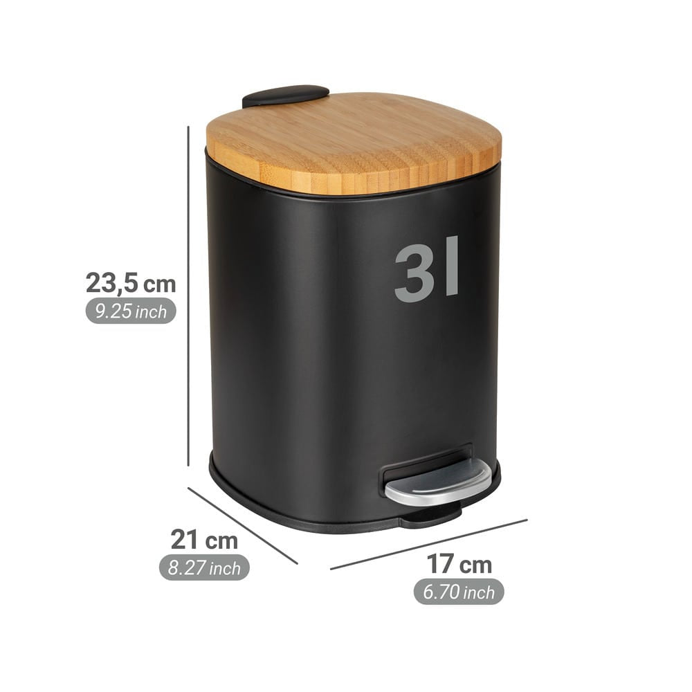 WENKO Tisch-Abfallbehälter Fianema – 3 l – mit Deckel – Stahl, schwarz – B × H × T 170 × 235 × 210 mm