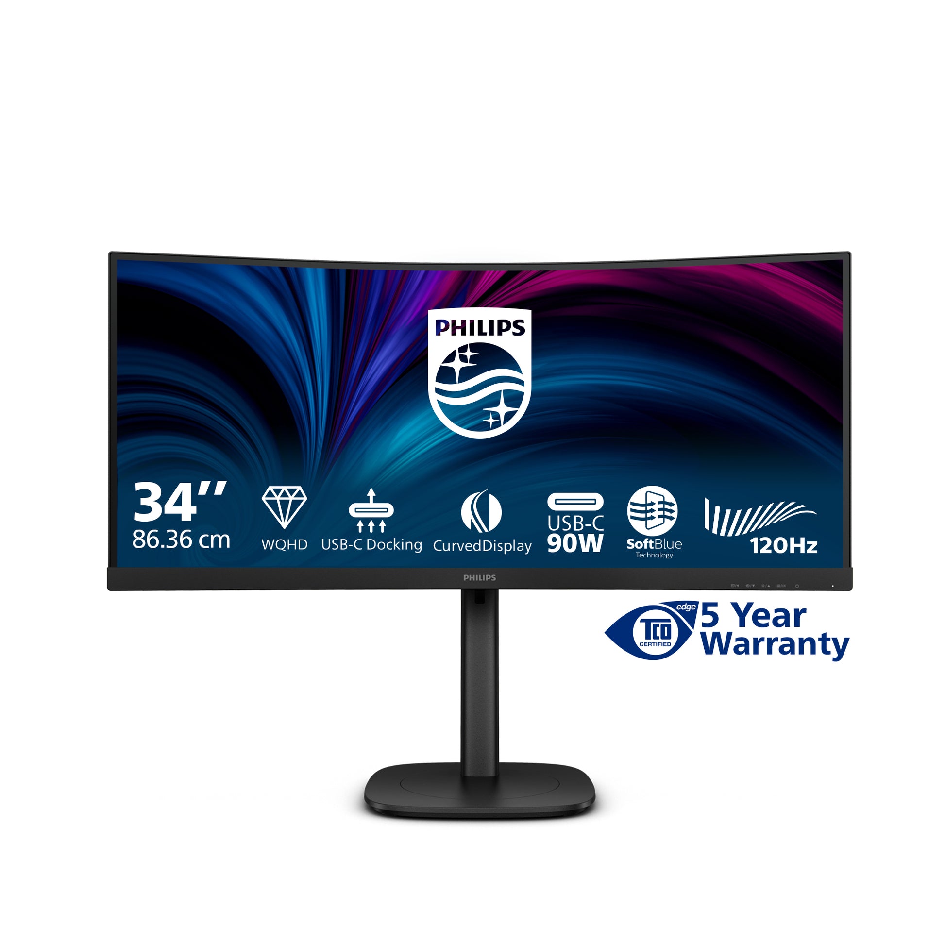 Philips 34B2U3600C/00 – Monitor, 34", VA, 120 Hz, Gebogen, USB-Hub, Adaptive Sync, Lautsprecher, Schwarz