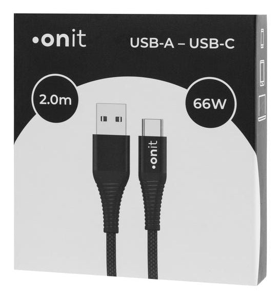 ONIT USB-Kabel – USB-A auf USB-C – USB 2.0 (480 Mbit/s) – 2 m – PD 66 W – Textilmantel – Schwarz