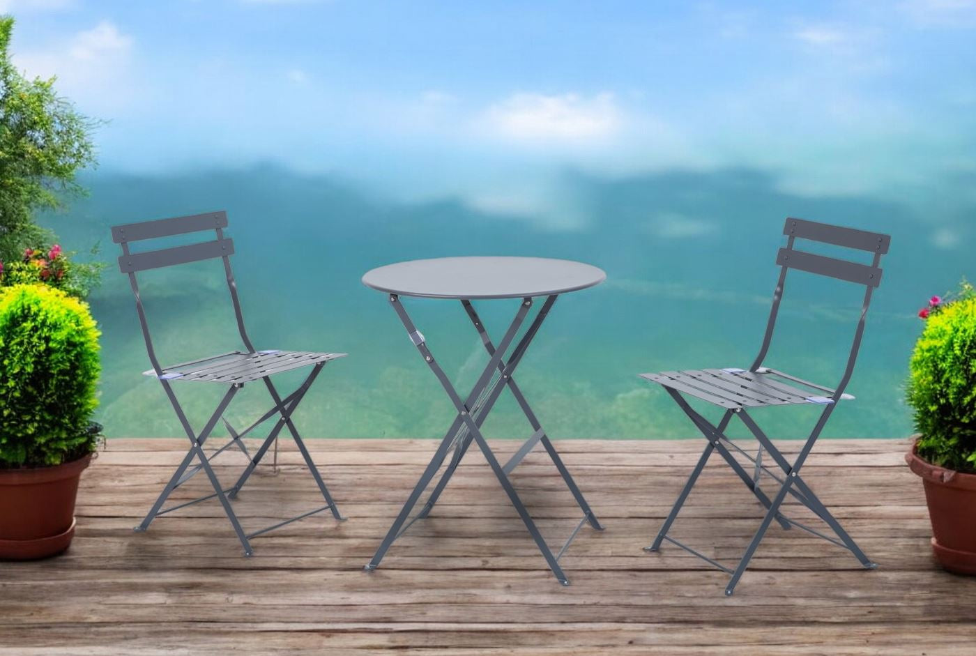 Dameco Bistro-Set 3-teilig mit 2 Stühlen – Metall – Tisch 60 × 60 × 71 cm – klappbar – für draussen
