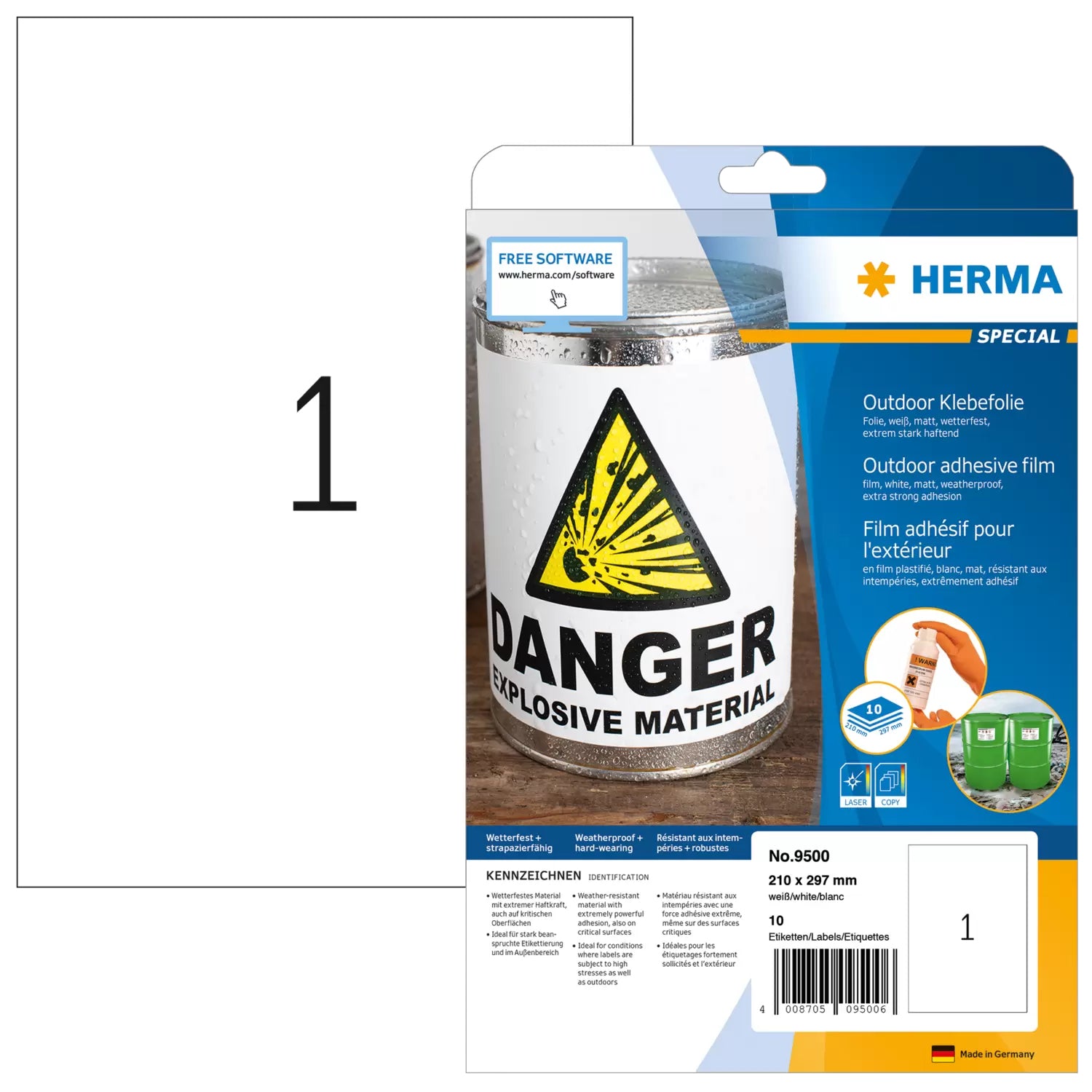 HERMA Druckeretiketten, 210 mm × 297 mm, weiss, Folie, extra stark, 10 Blatt