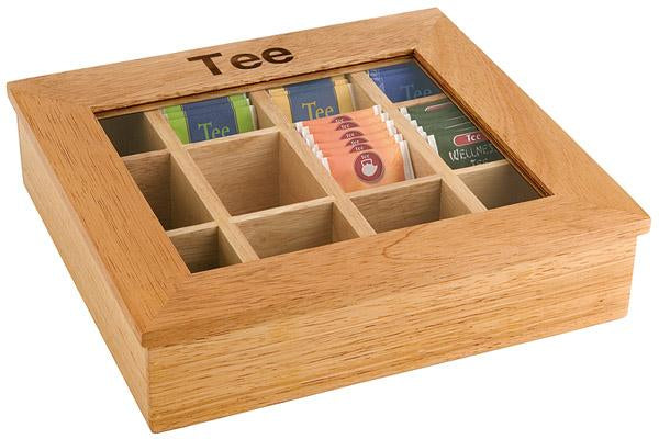 APS-Germany APS – Teebeutelbox Holz/Acryl, 12 Fächer, 28 × 30 × 9 cm, hellbraun/transparent