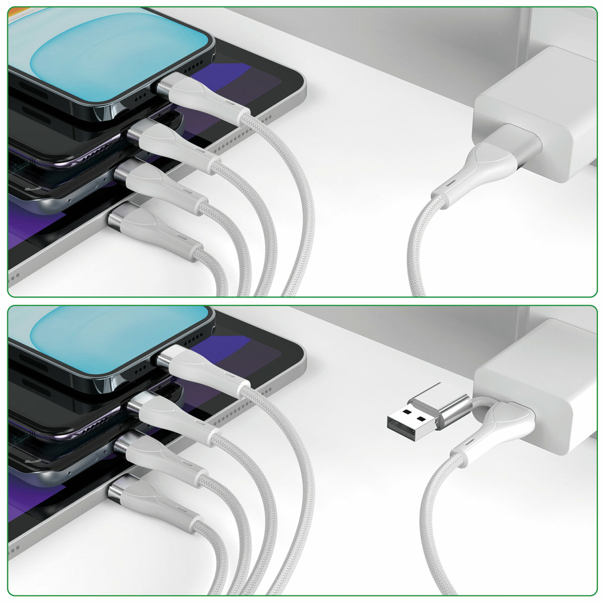 4smarts Multi-Kabel – 4-in-1 USB-A/USB-C auf USB-C/Micro-USB/Lightning 1,2 m, Weiss – für iPhone/Android