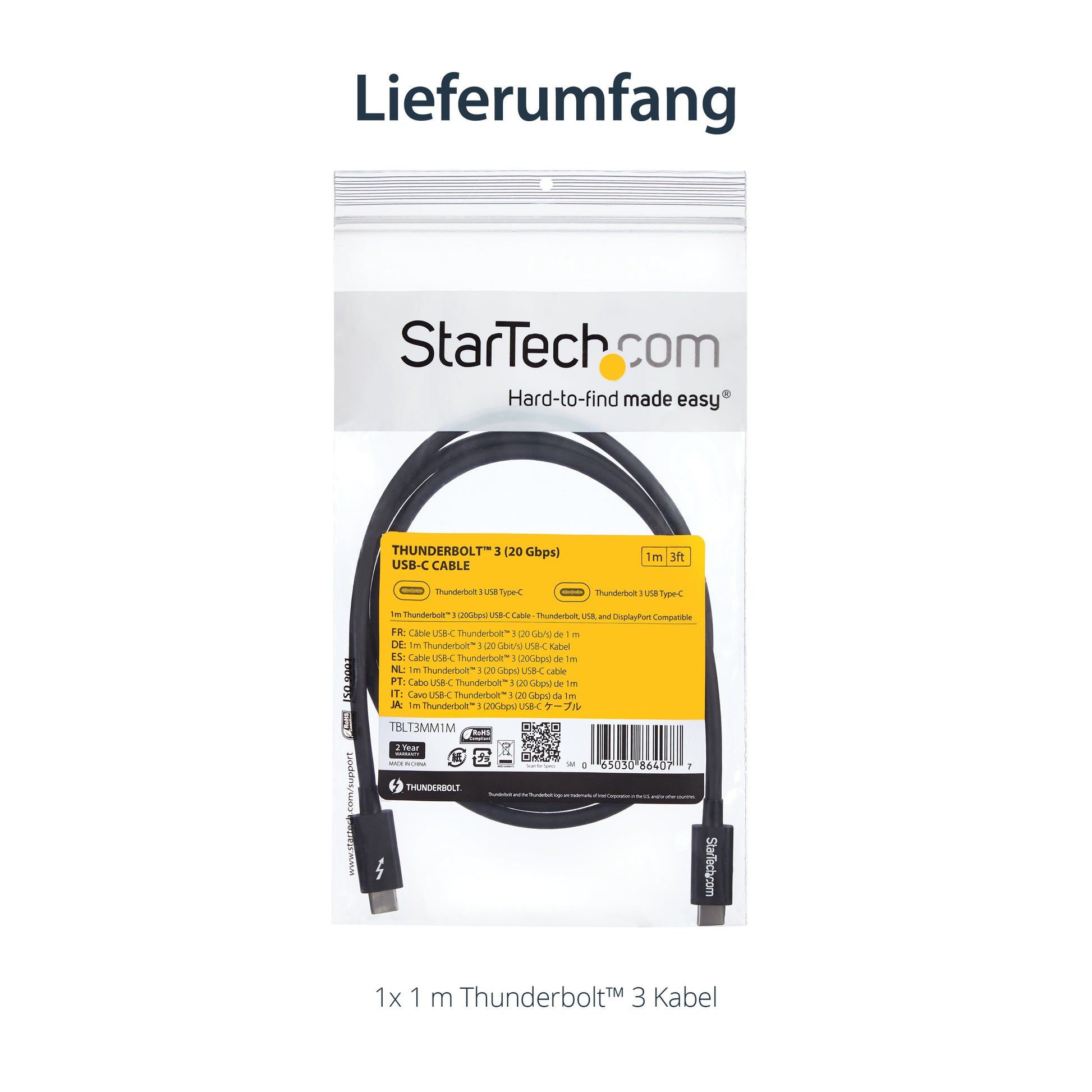 StarTech.com Thunderbolt 3 (USB-C) Kabel – 20 Gbit/s – 1 m – PD 100 W – PVC-Mantel – Schwarz