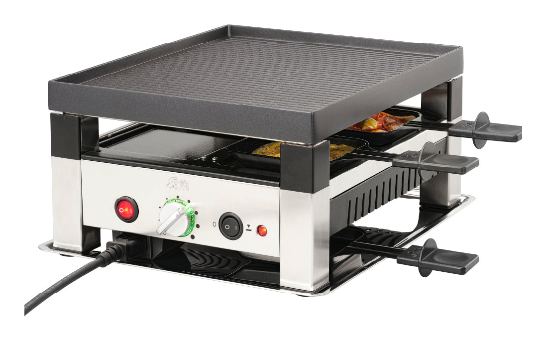 Solis Raclette & Pizza Grill 7910 – 4 Personen, Grillfläche 30 × 24 cm, 1020 W – schwarz/edelstahl