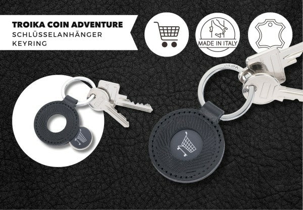 TROIKA Schlüsselring Coin Adventure – mit Einkaufschip, Leder, Schwarz, Ø 45 mm