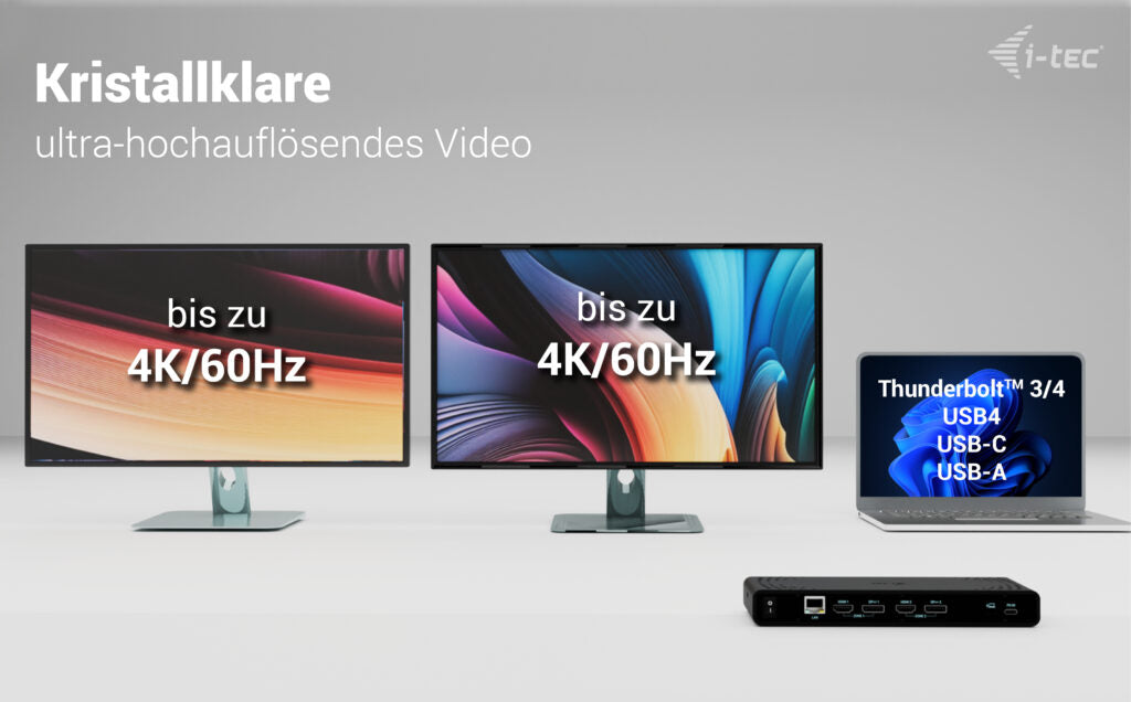 i-tec Uni Dual 4K Dockingstation – USB-C, 2× DP, 2× HDMI, 4× USB-A, 85 W PD, GbE, für Windows/Mac/ChromeOS