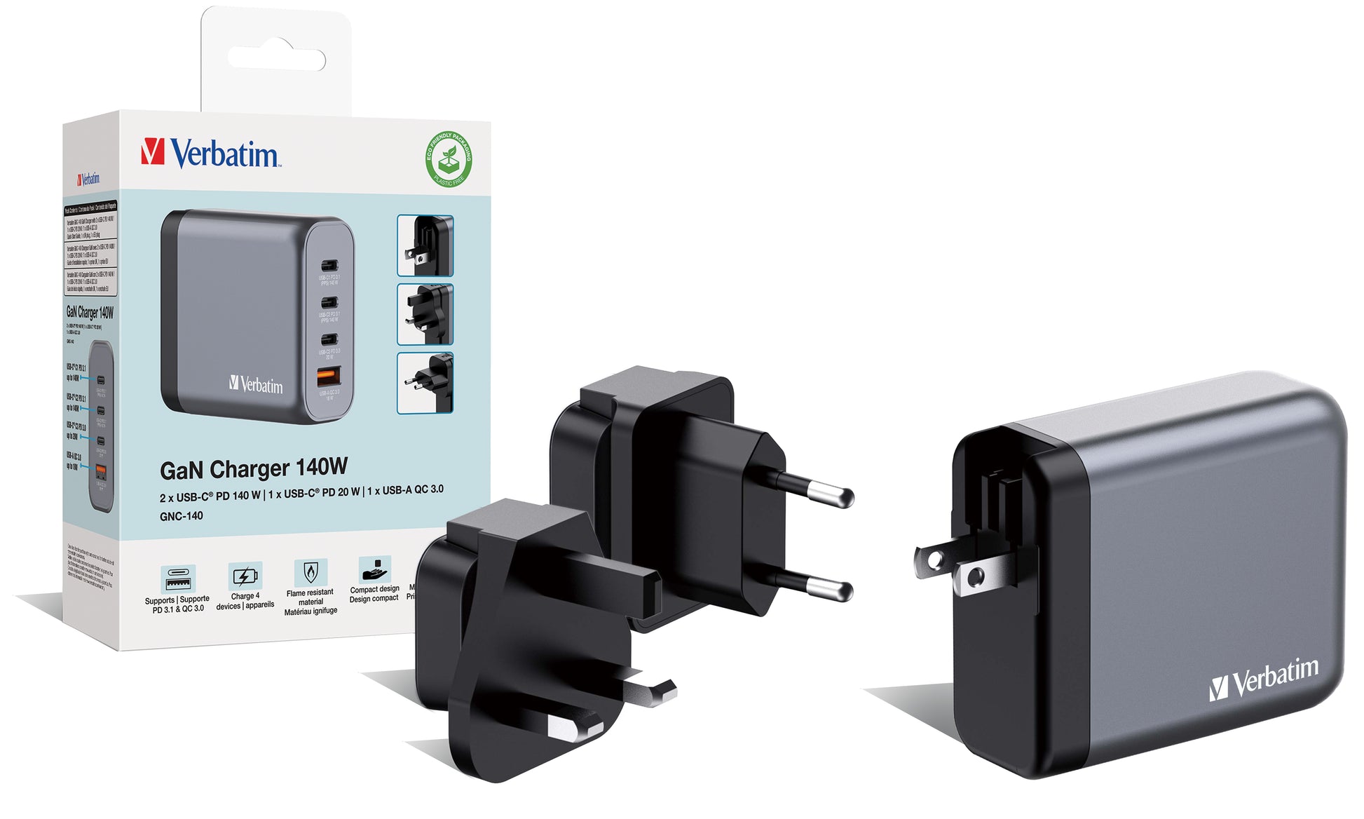 Verbatim 32203 Ladegerät – 140 W, 3× USB-C + 1× USB-A, PD, QC, PPS, GaN