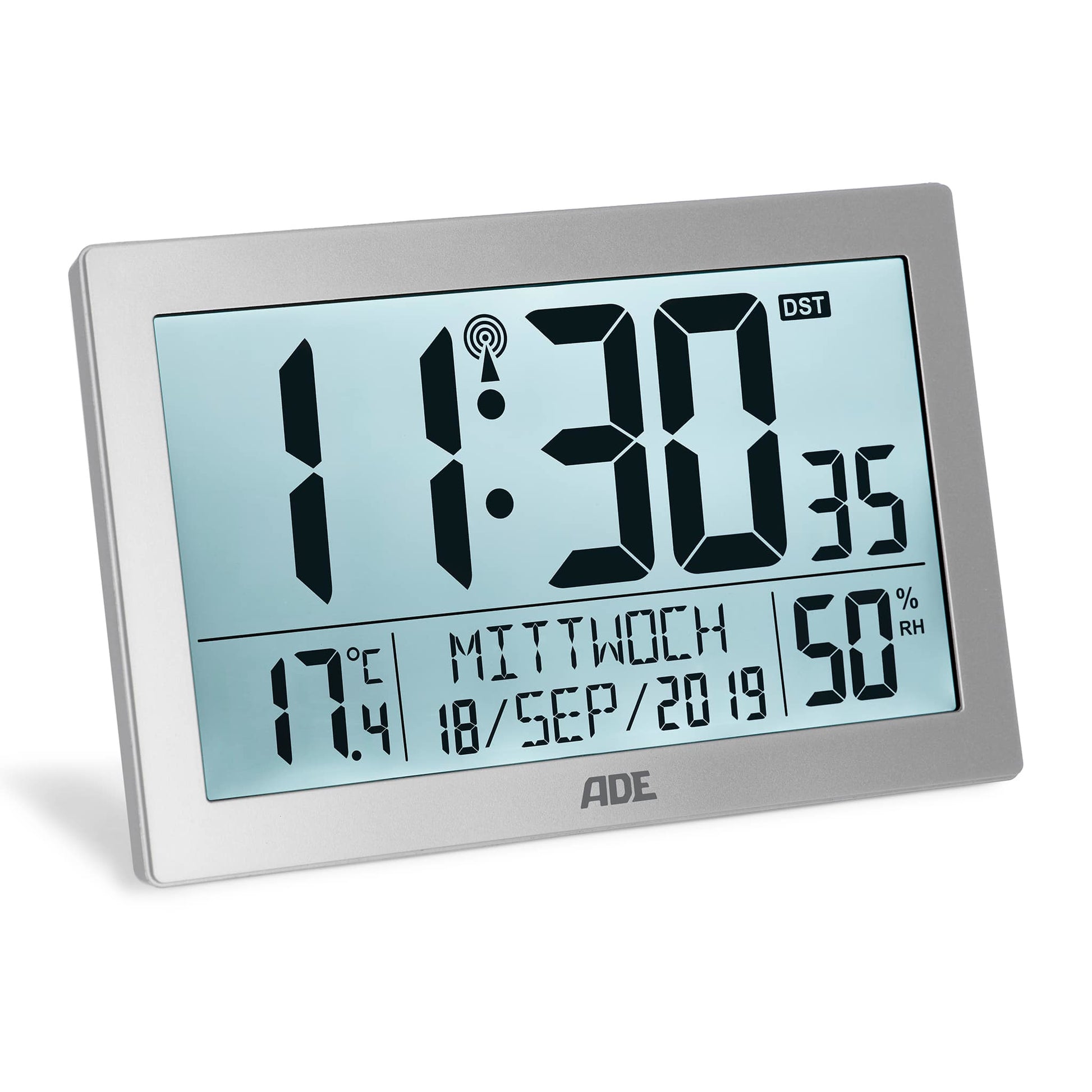 ADE CK2309 Digitalwecker – Funk, Schlummerfunktion, Thermometer, 22,5 × 14,5 × 3,3 cm, Silber