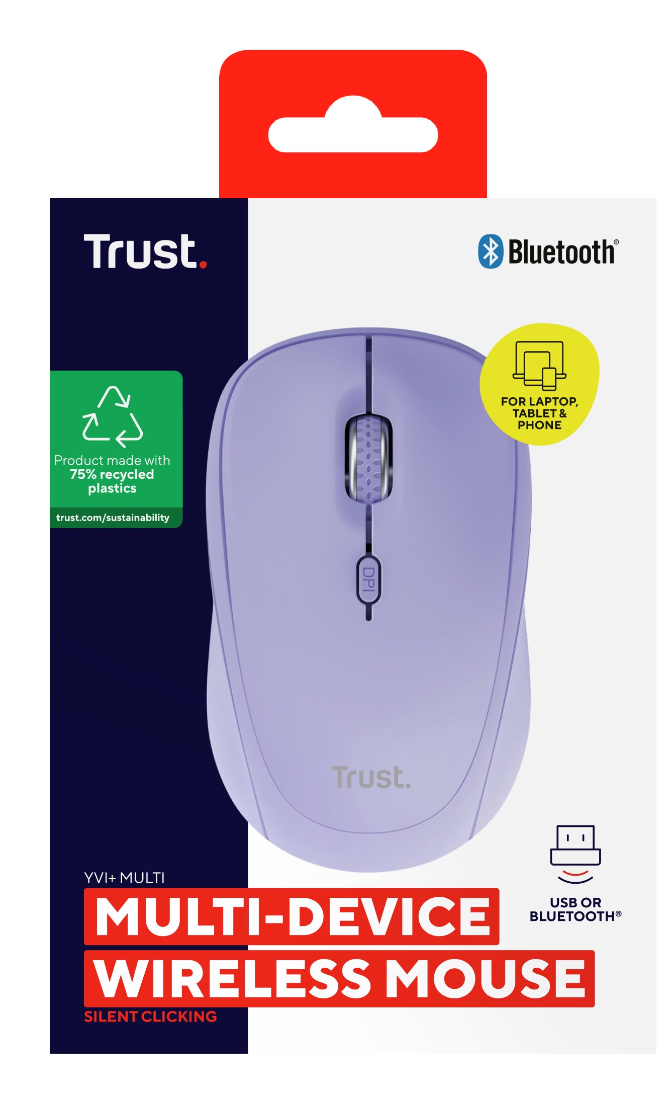 Trust YVI+ Multi-Device-Maus – kabellos, 2,4 GHz (USB-A), umschaltbare DPI, beidhändig, violett