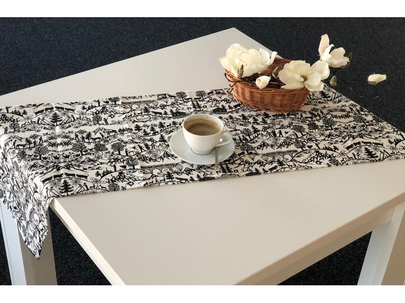 Hubatka Tischläufer – 35×135 cm, Baumwolle, Weiss/Schwarz, Scherenschnitt