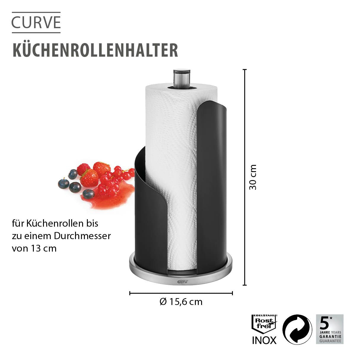 GEFU Küchenrollenhalter Edelstahl, 13 × 13 × 30 cm, schwarz