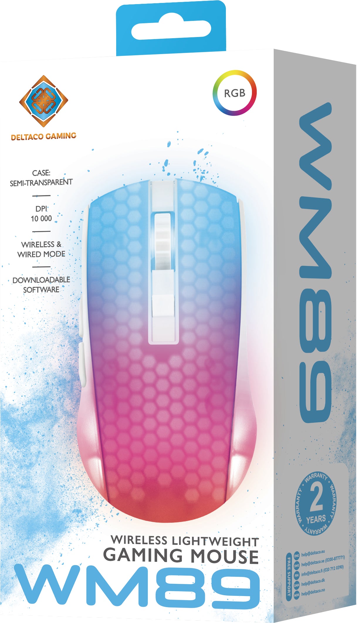 Deltaco Gaming DM320 – Gaming-Maus – Kabellos (Bluetooth/2,4 GHz), 10000 DPI, Rechtshänder, Weiss/Transparent