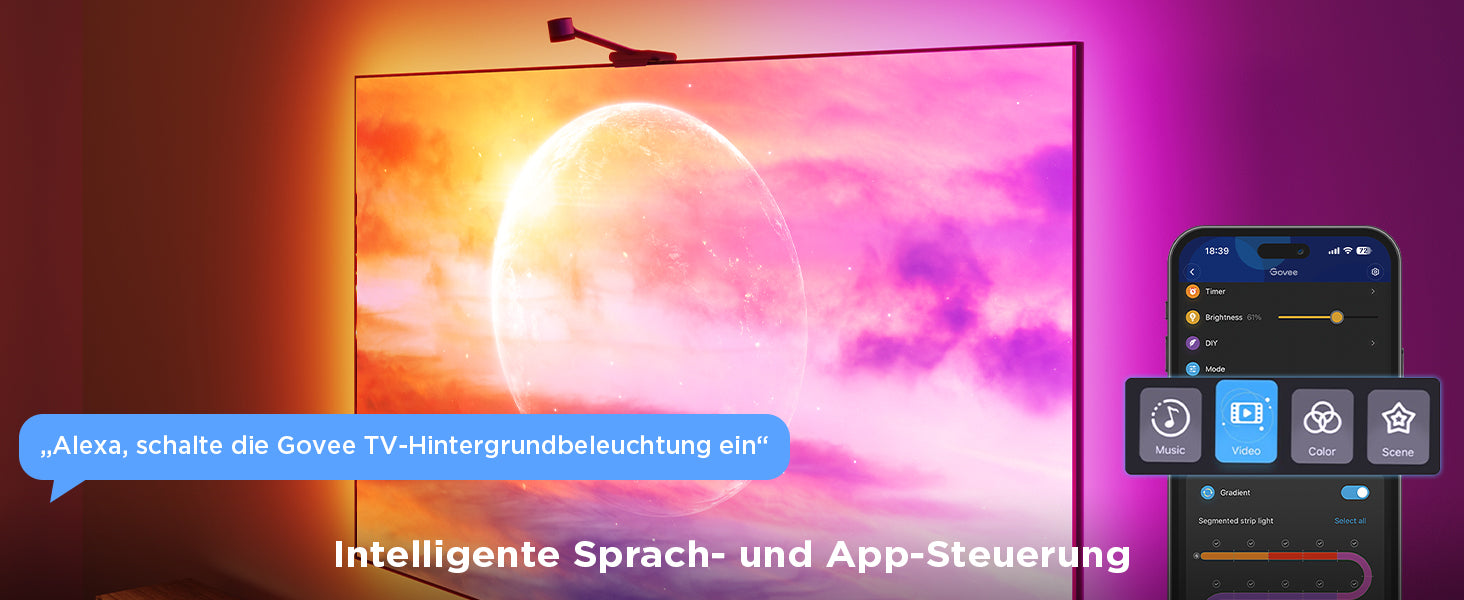 Govee Envisual H6098 TV-Backlight-Set – RGBIC, Wi‑Fi + Bluetooth – für 55–65" TVs – Schwarz