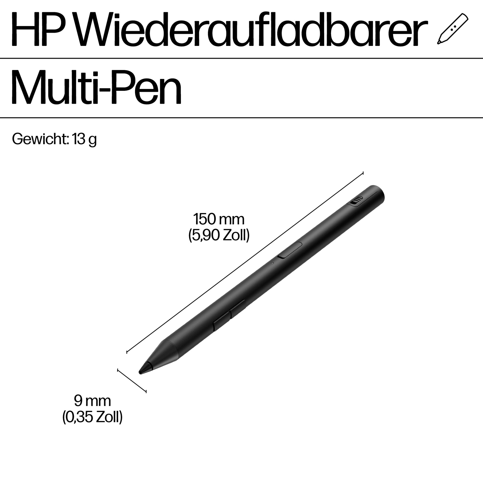 HP Eingabestift für verschiedene Geräte – Wiederaufladbar, 2 Tasten – Schwarz