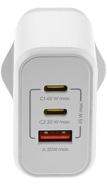 ONIT F02798 USB-Ladegerät 45 W – USB-C×2, USB-A×1 – PD 3.0, PPS, QC 3.0, GaN – EU-Stecker (Typ C), Weiss