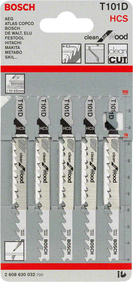 Bosch Professionelles T101D Stichsägeblatt 100 mm HCS – für Holz – 5 Stk – variabler Klingenzahnabstand 4–5,2 mm