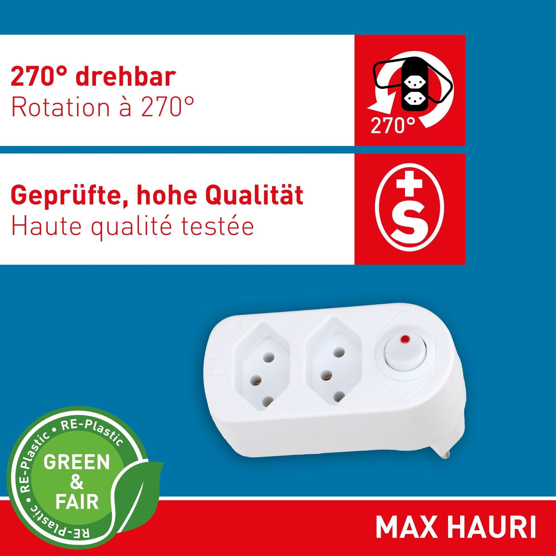 Max Hauri AG Max Hauri ADAPT Abzweigstecker T12 zu 2× T13 – 230 V, 10 A, 2 Ausgänge, 10 cm, Weiss