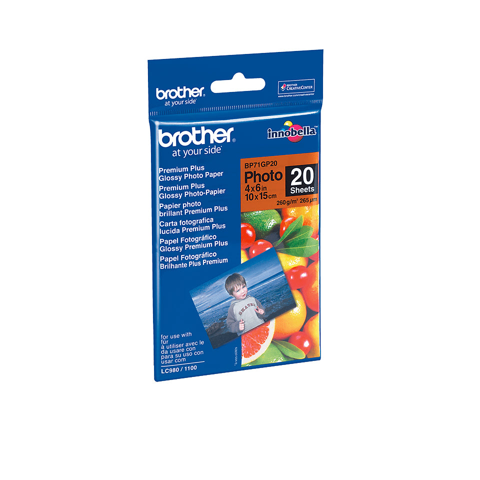 Brother BP71 Fotopapier – glänzend, 100 × 150 mm, 260 g/m², 20 Blatt, einseitig – für Inkjet-Drucker