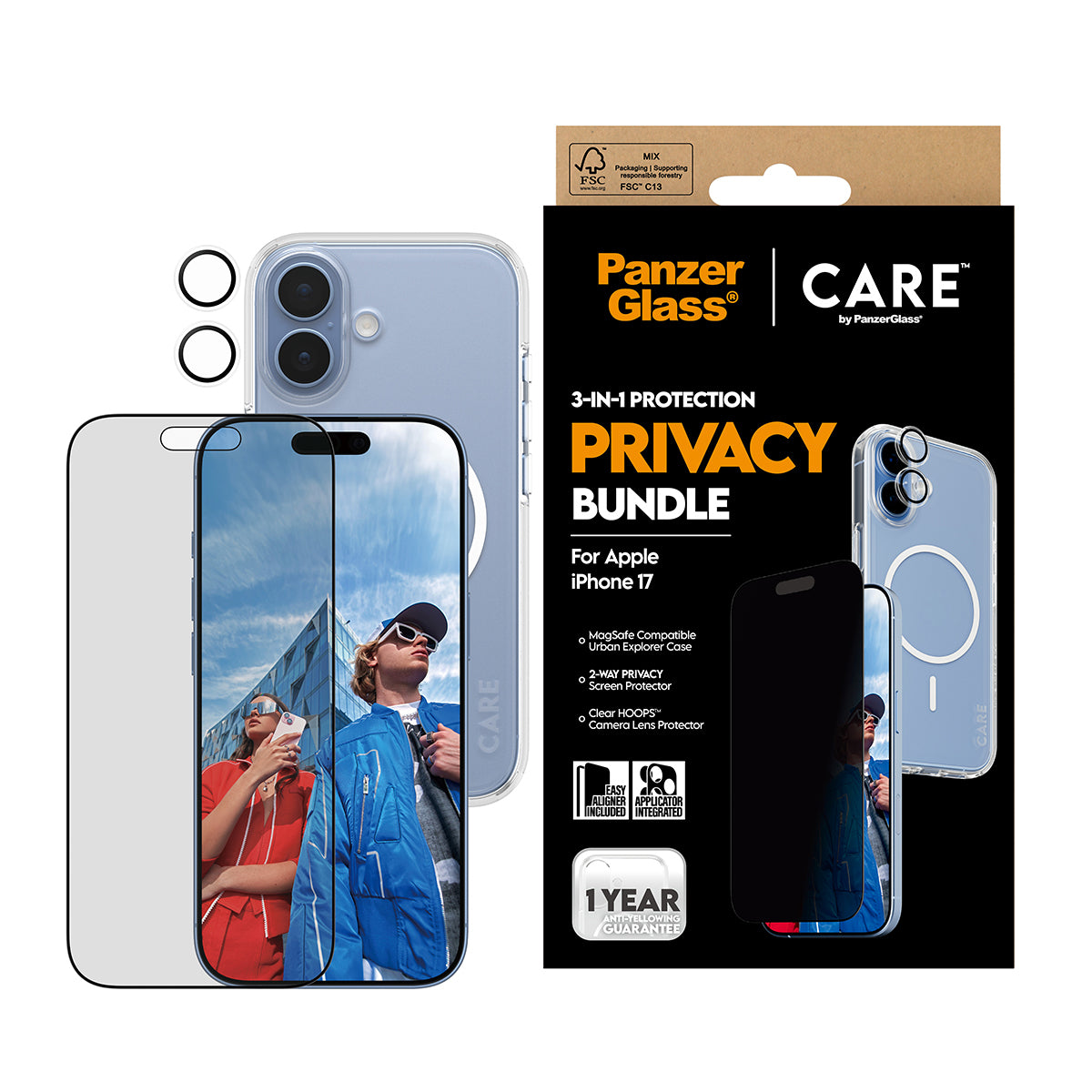PanzerGlass Bildschirmschutzfolie CARE – für Apple iPhone 17 – Transparent – Privatsphäre-Filter