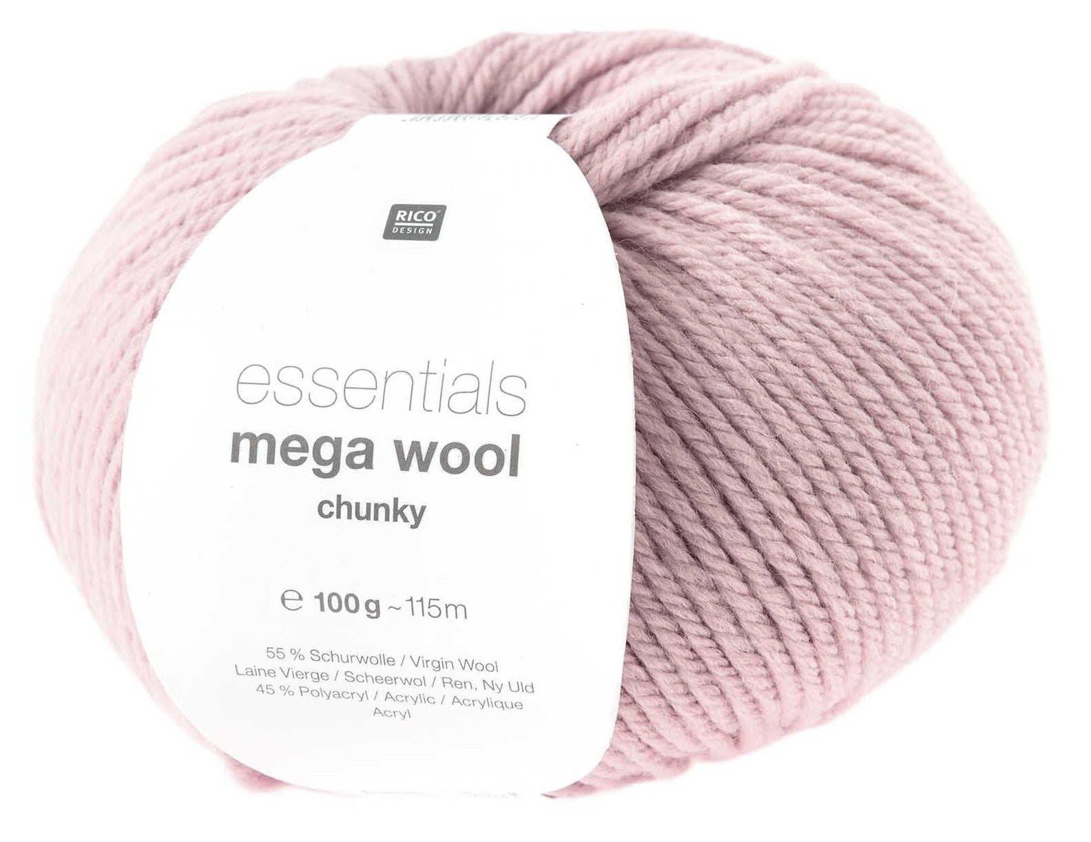 Rico Design Essentials Mega Wool Wolle Aran Rosa – 100 g, 115 m, Nadel 6 mm, 55% Schurwolle/45% Polyacryl