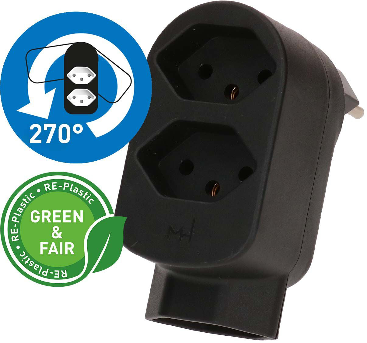 Max Hauri AG Max Hauri ADAPT 2+1x Typ 13 Abzweigstecker – 3× Typ 13, 230 V, 2300 W, 10 A – Schwarz