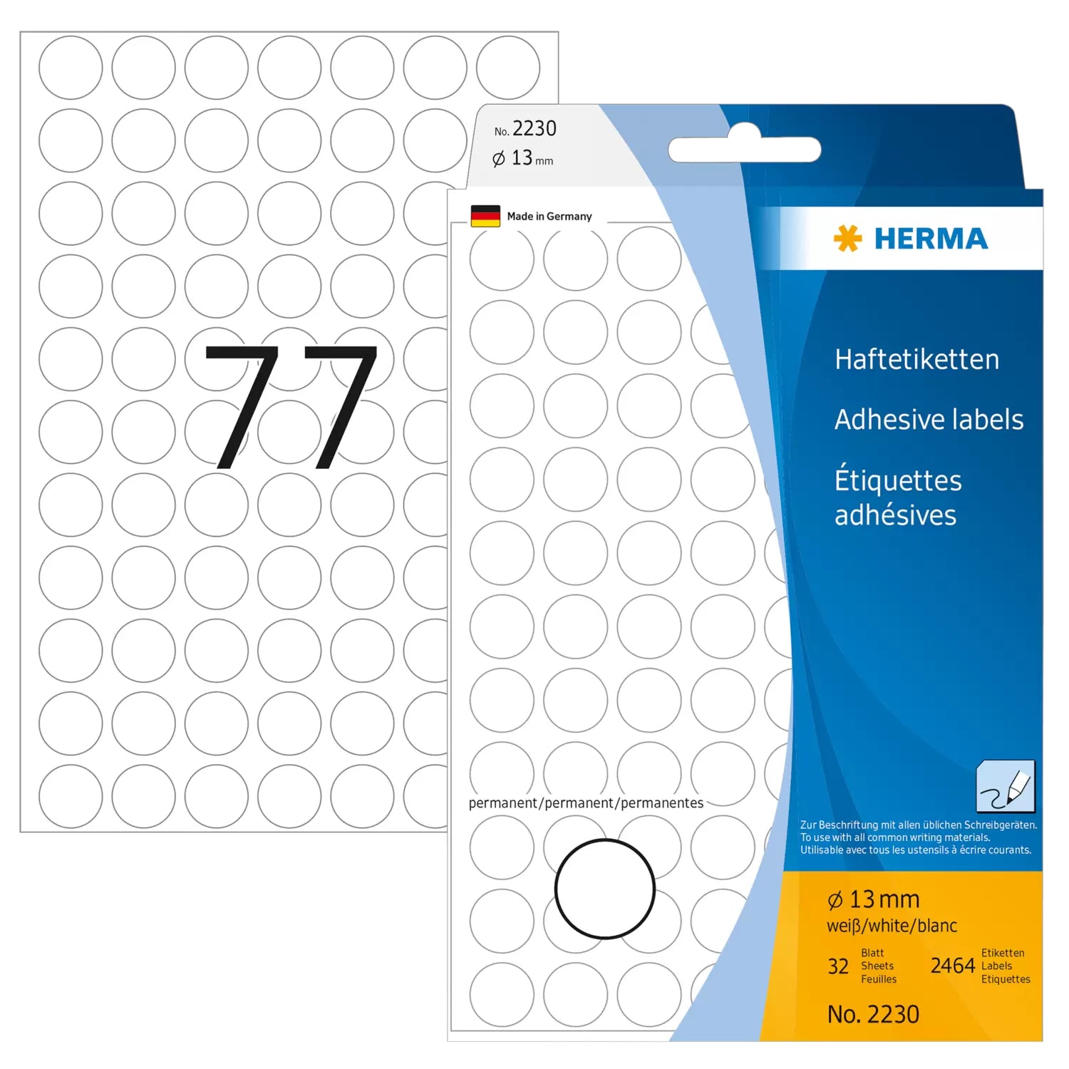 HERMA Haftetiketten – rund Ø 13 mm, stark haftend, weiss, Bogen 111 × 170 mm, 32 Blatt (2'464 Stk.)