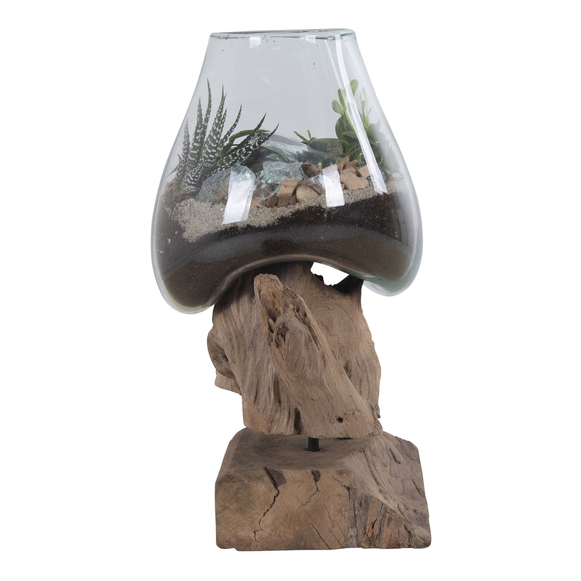 House Nordic Schale – mit Kunstpflanzen – Glas & Stahl & Teak, natur – 18 × 15 × 25 cm