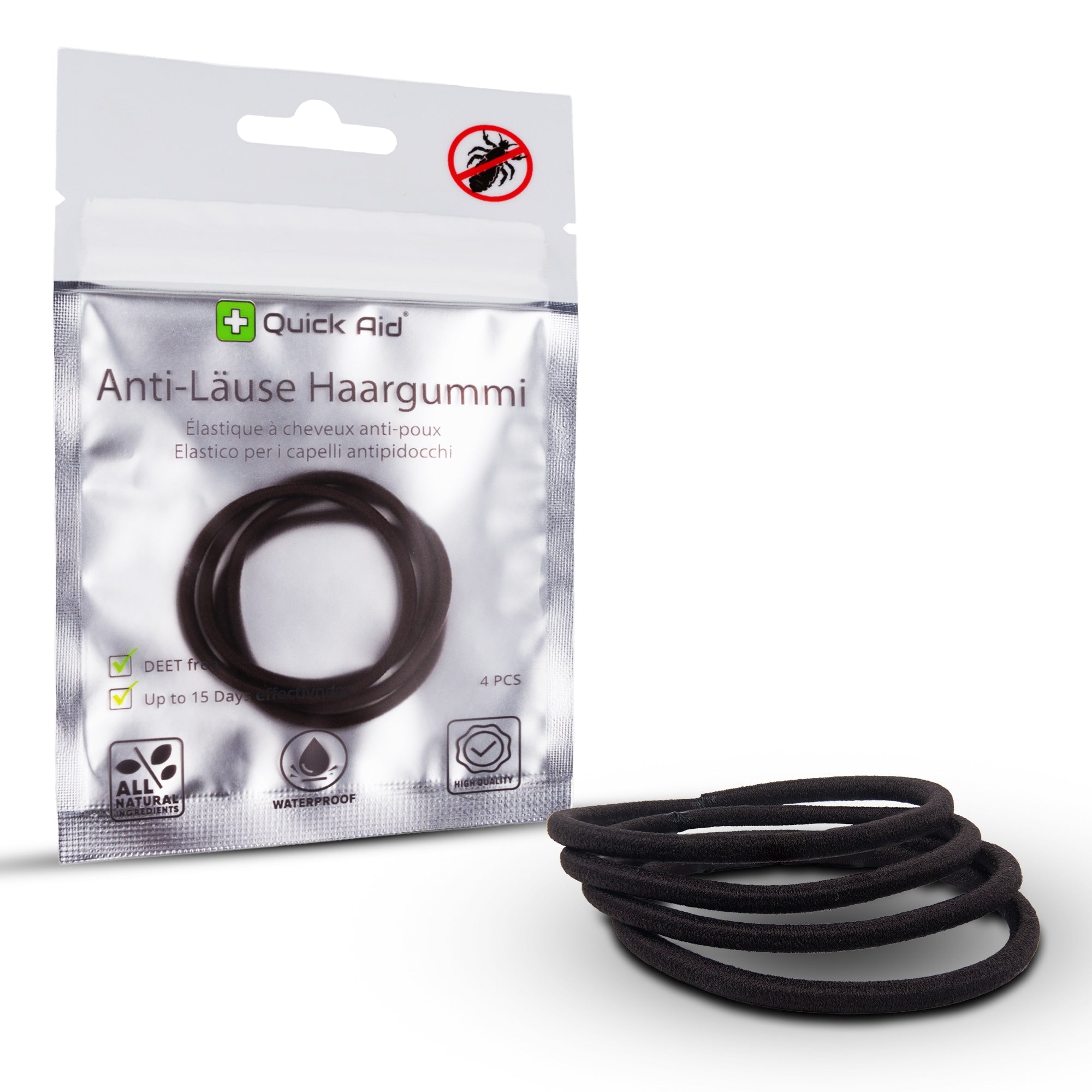 Quick Aid 740 – Anti-Läuse Haargummi – 9 × 0,4 × 14 cm – Schwarz – 4 Stk.