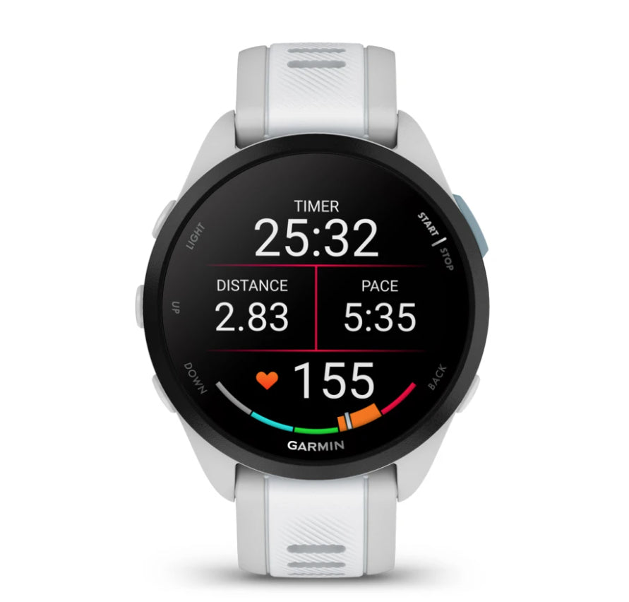 Garmin Forerunner 165 – GPS-Smartwatch – 43 mm, 1,2", GPS, AMOLED, 5 ATM, Hellgrau/Weiss, Sportarmband