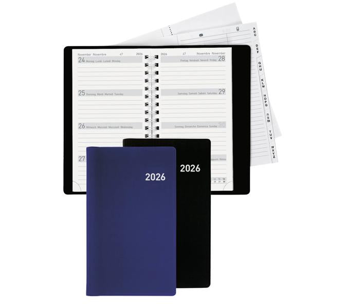 Biella Brüssel Agenda – 1 Woche/2 Seiten, Spiralbindung, 8,5 × 15,3 cm, 2026, Schwarz, FSC