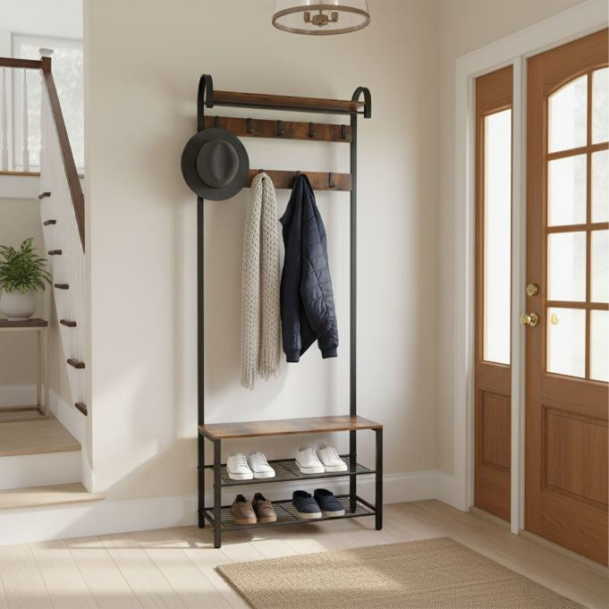 Relaxdays Garderobe mit Schuhregal – Stahl/MDF, Schwarz/Dunkelbraun, 69 × 30 × 182 cm, Traglast 95 kg