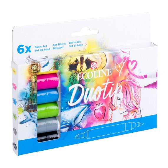 Talens Ecoline Duotip Filzstifte, Doppelspitze – wasservermalbar, 6 Farben