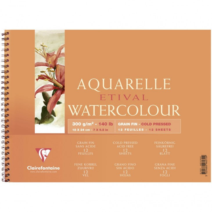 Clairefontaine Etival Aquarellblock – 18,3 × 27,0 cm – 300 g/m² – Spiralbindung – 12 Blatt, für Aquarell
