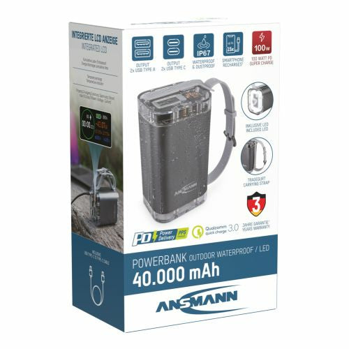 Ansmann Powerbank 40000 mAh, PD 100 W, 2× USB-C, 2× USB-A, LED Lampe, IP67, TFT-LCD, Silber