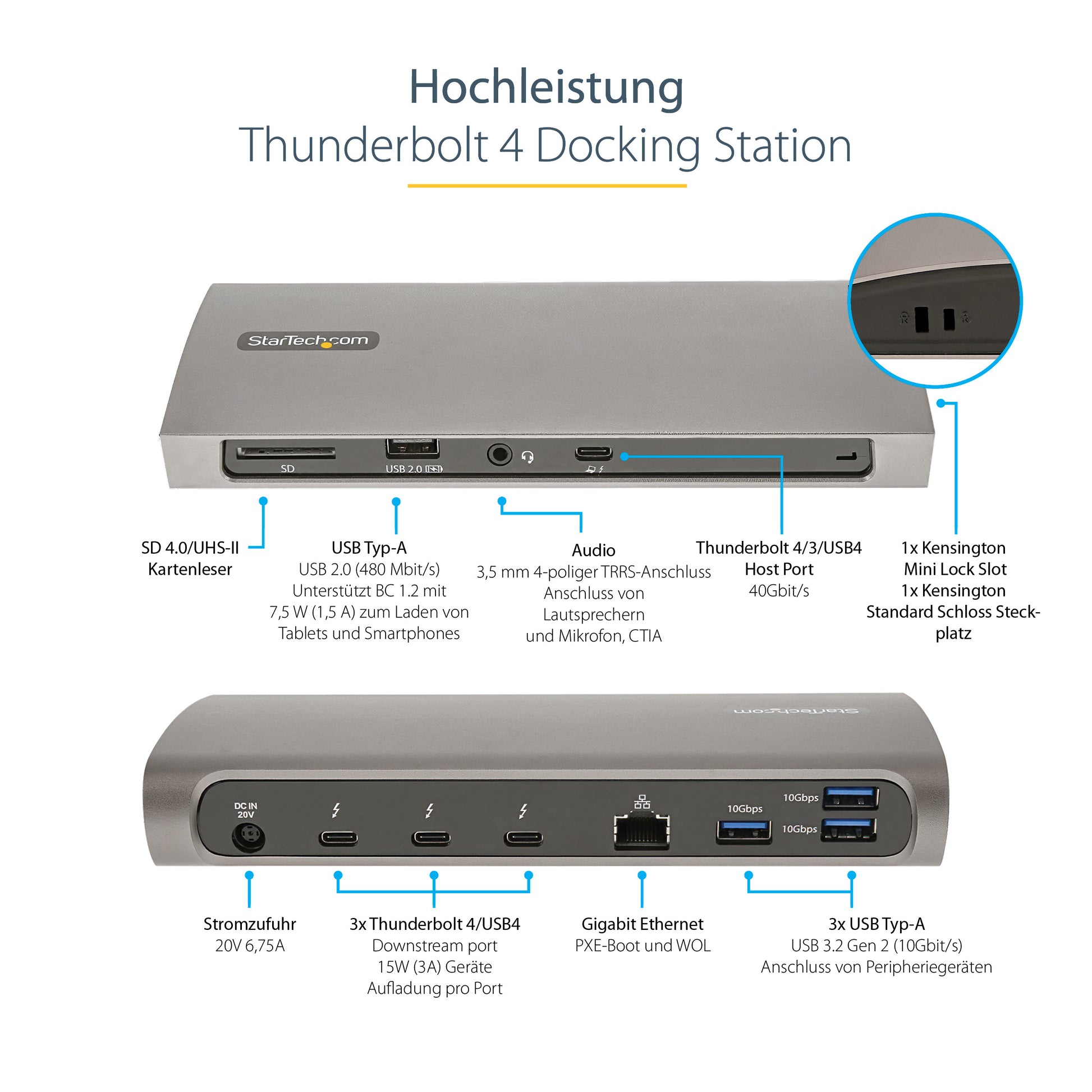 StarTech.com Dockingstation – Thunderbolt 4, 4× USB-A, 96 W PD, GbE, SD/microSD, 3,5 mm Audio, für Windows/Mac