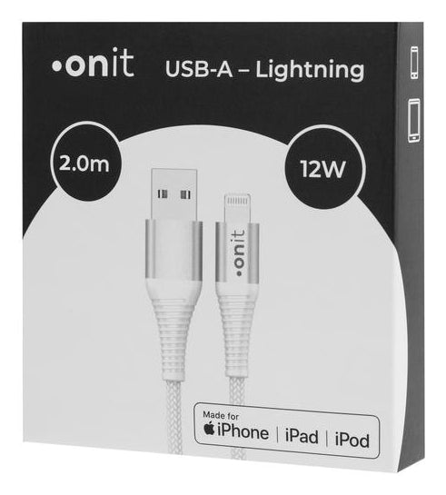 ONIT Daten- & Ladekabel – USB-A auf Lightning 2 m, PD 12 W, geflochten, Weiss – für iPhone/iPad
