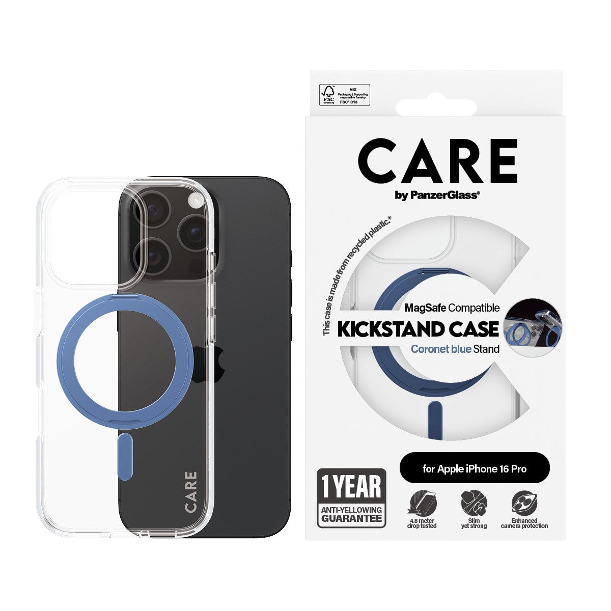 PanzerGlass CARE – Backcover – für Apple iPhone 16 Pro – blau/transparent – MagSafe kompatibel, mit Standfuss