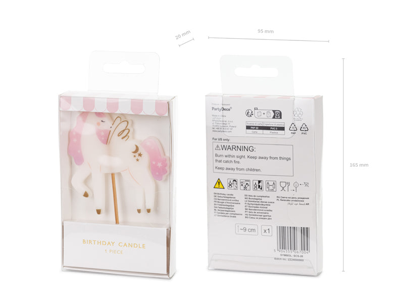 PartyDeco Geburtstagskerze Einhorn – Pink, Weiss – 9 cm – 1 Stk