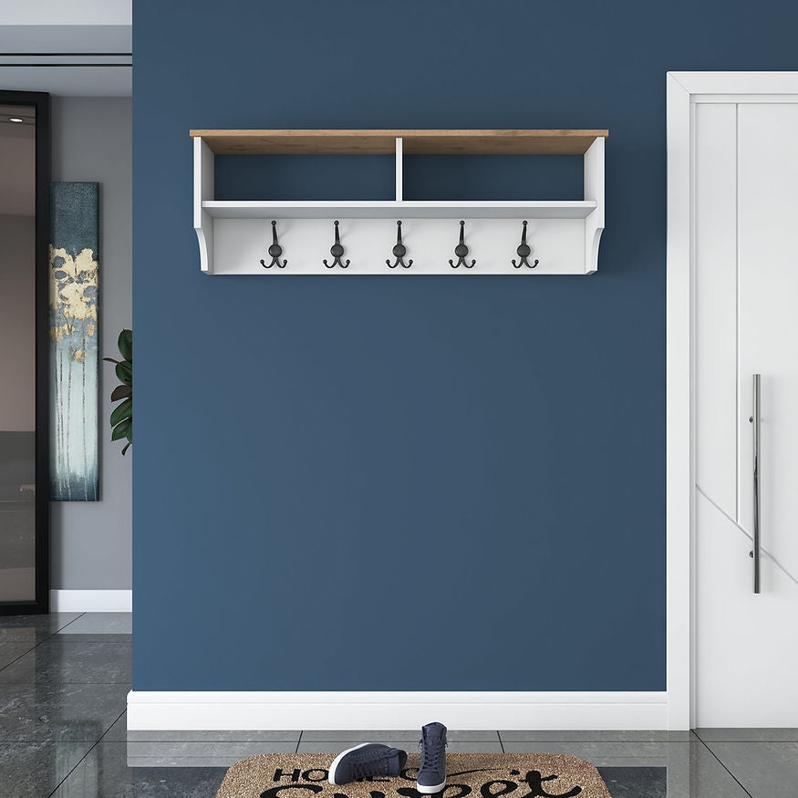 Woody Fashion Wandgarderobe mit 5 Haken – Spanplatte – weiss – 1'200 × 372 × 222 mm