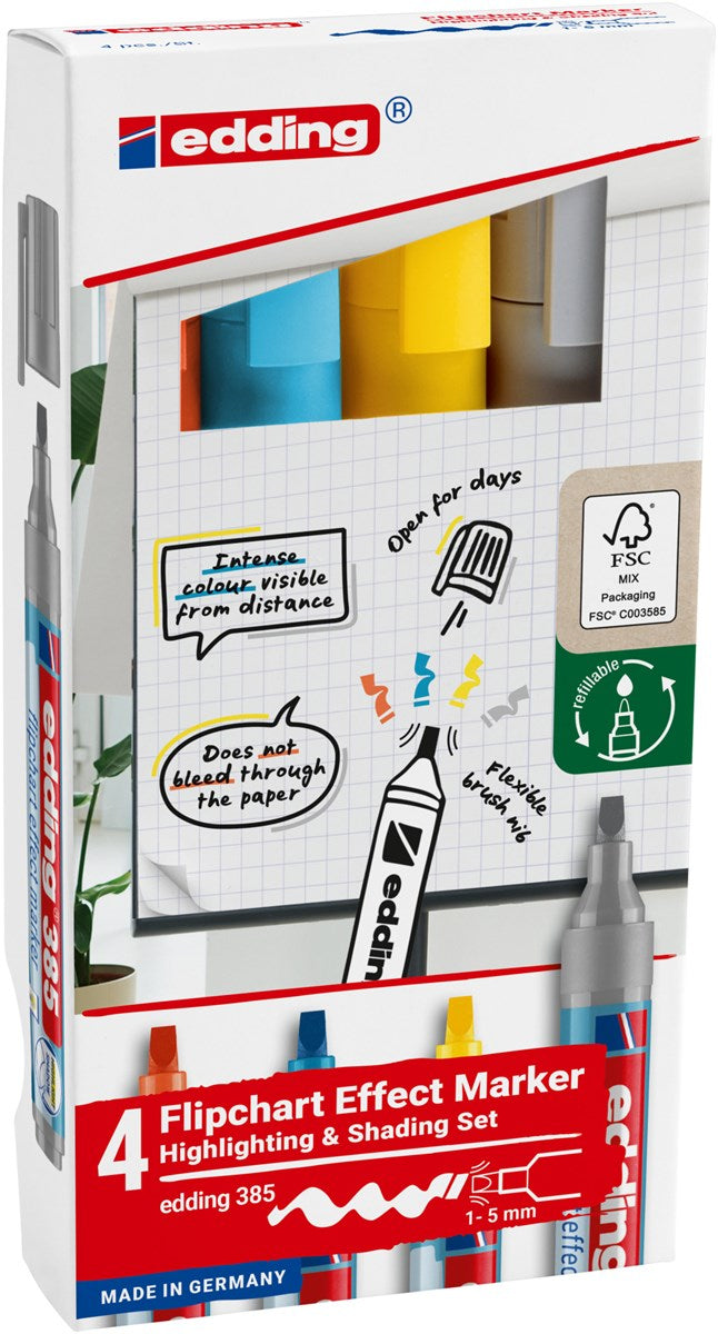 Edding Flipchart-Marker Effektmarker 385 – Kalligrafiespitze 1-5 mm – sortiert – 4er-Set – nachfüllbar